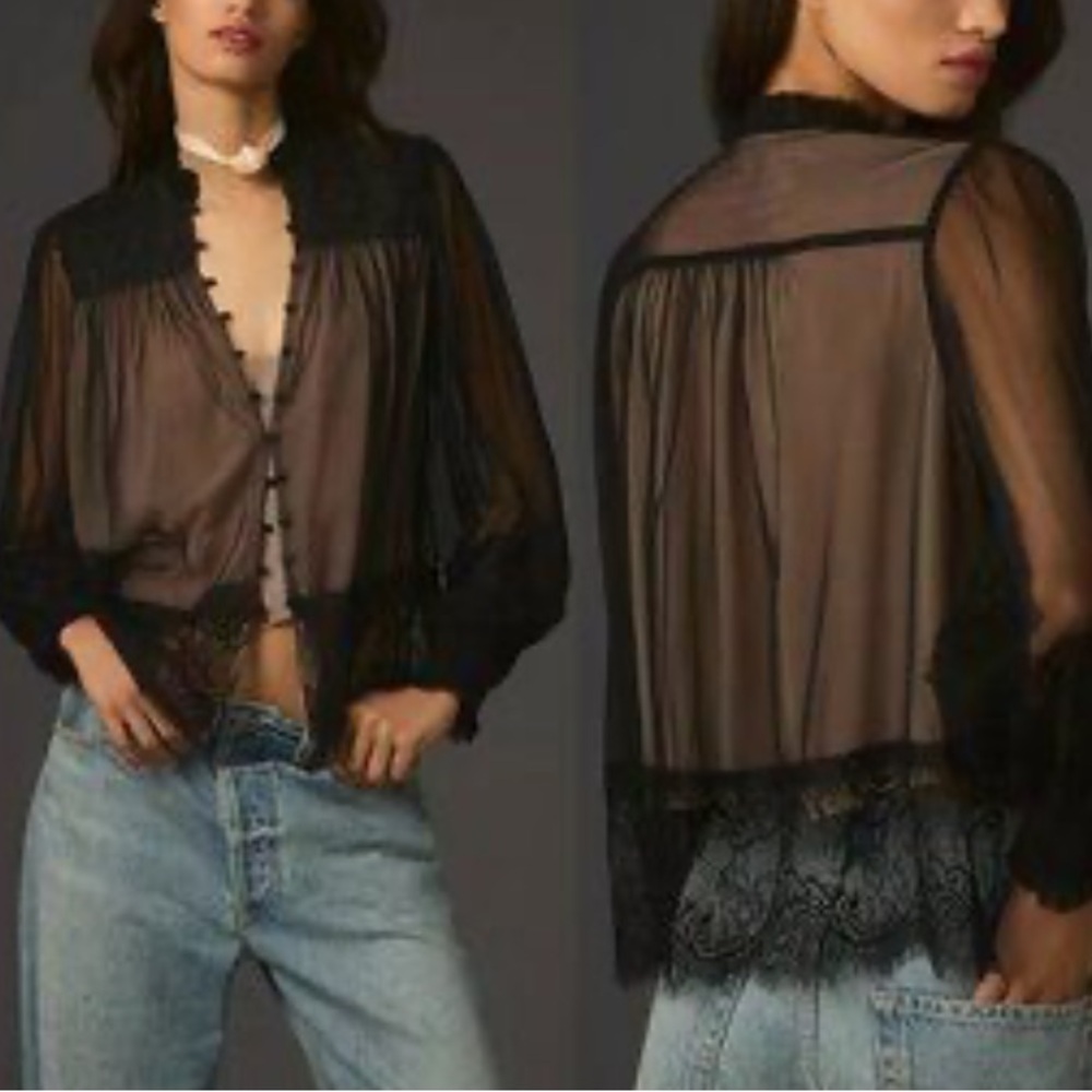 Anthropologie Black Sheer Lace Blouse